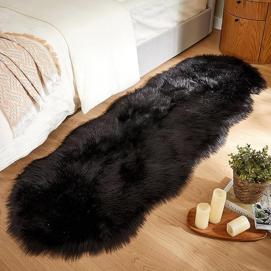 AMTOVO Faux Sheepskin Rug, Black Ultra Soft Fluffy Shag Area Rug, 2 x 6 ft Faux Fur Rug for Bedroom Sofa Throw Cushion Room Decor, Sheepskin-Ruum Studio Home