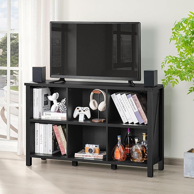 6 Cube Bookcase, Farmhouse Wood Low Storage Organizer Book Shelf, Black 47" Horizontal Console Bookshelf with Legs, Hallway Book Case for Entryway, Display Cabinet for Living Room, Office-Ruum Studio Home