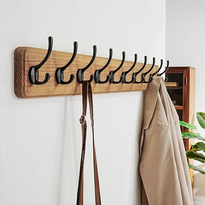 Dseap Coat Rack Wall: 38-1/4" Long, Patented, Heavy-Duty, 10-Double-Hooks Wooden Wall Mounted Coat Rack Coat Hanger Hook Rail for Winter Coats Hat Jacket Clothing, Weathered Brown-Ruum Studio Home