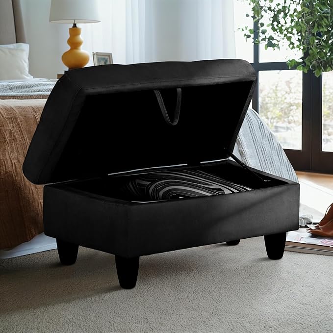 Ottoman Rectangular Storage Ottoman Bench, Flannel Footrest Stool Footstool with Lid for Living Room, Bedroom, Entryway, Black, 28.5"x19"x17.5"-Ruum Studio Home