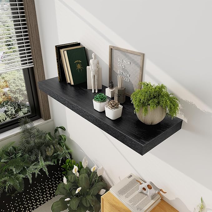 Black Floating Shelves 36 Inch Long, 12 Inch Deep Floating Shelves for Wall, 36 x 12 Shelves for Wall Storage & Display, 2" Thick Floating Shelf for Bathroom, Living Room, Bedroom, Set of 1-Ruum Studio Home