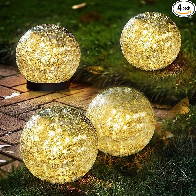 Solar Garden Lights Outdoor Waterproof, 4 Pack Cracked Glass Ball Light, Ground Landscape Garden Decor, Solar Globe Decorative for Pathway/Patio/Lawn/Yard (Warm White, 4.7")-Ruum Studio Home