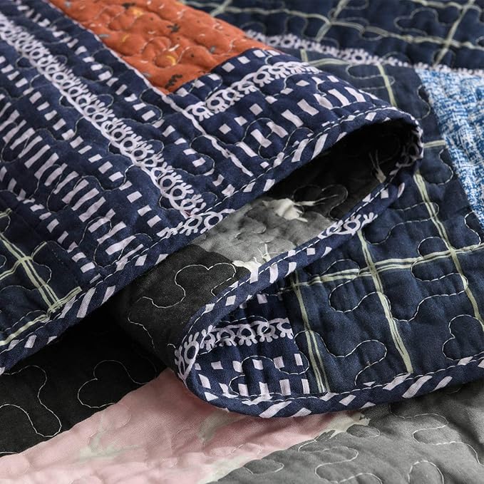 NEWLAKE Cotton Patchwork Bedspread, 3-Piece Bedding Quilt Set with Real Stitched Embroidery, Reversible Matelasse Bed Coverlet Set,Vintage Flowery Grid,King Size-Ruum Studio Home