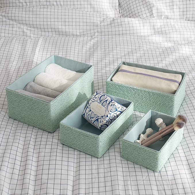 LA JOLIE MUSE Storage Baskets Set 4 - Stackable Woven Basket Paper Rope Bin, Storage Boxes for Makeup Closet Bathroom Bedroom (Light Green)-Ruum Studio Home