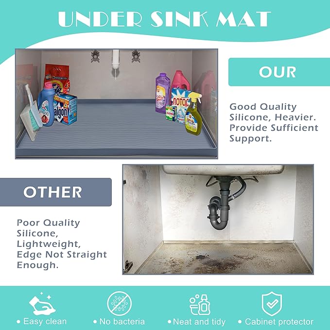 URMONA Waterproof Silicone Under Sink Mat 22'' x 14'' Shelf Liner for Kitchen and Bathroom, Cabinet and Counter Protector, Storage and Organizers, Litter Mat, Pet Cat Puppy Essentials(Dark Grey)-Ruum Studio Home