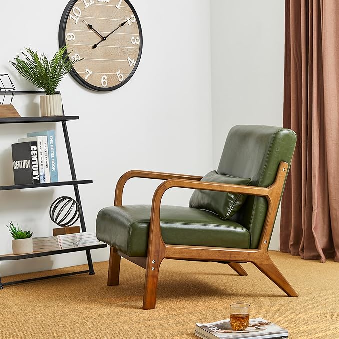 Glitzhome 2 Set Mid Century Hunter Green Accent Armchair, Single Reading Armchair PU Leather Lounge Chair with Walnut Ruberwood Frame-Ruum Studio Home