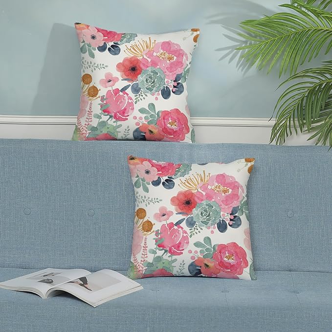 CXMEIFLY Spring Floral Pillow Covers 16 x 16 Inch Set of 2 for Watercolor Pink Flowers Decor Throw Pillows Green Leaves Plant Outdoor Decorative Cushion Cases with Zipper for Couch Bed Decorations-Ruum Studio Home