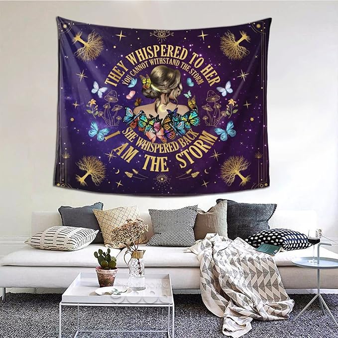 Inspirational Quote Tapestry,They Whispered to Her You Cannot Withstand The Storm Positive Motivational Uplifting Encouragement Gifts Wall Decor for Bedroom,Inspirational Gift for Women Teens Girls-Ruum Studio Home