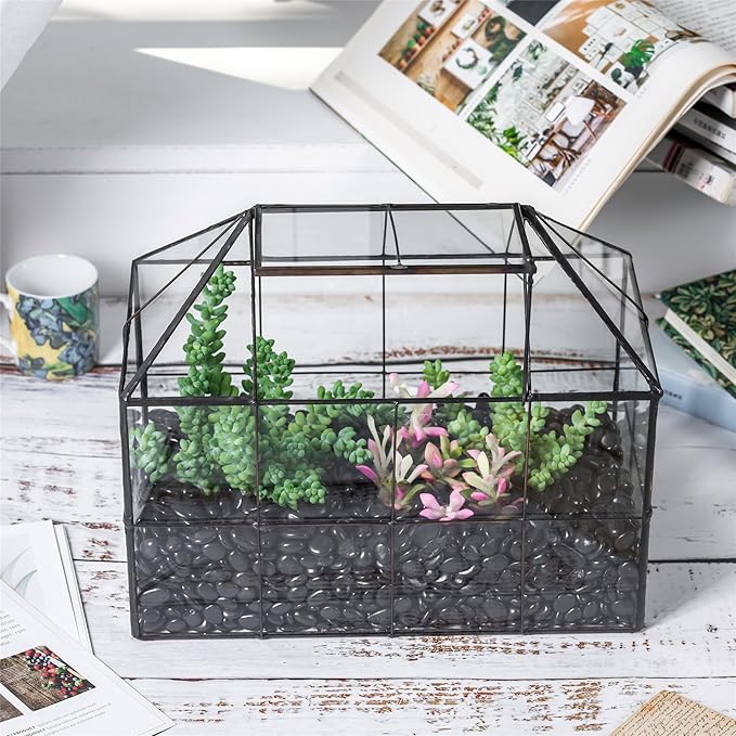 NCYP Glass Terrarium Planter with Lid for Small Succulent Cacti, Grid House Shape Black Geometric Terrarium Pot, Home Garden Indoor Tabletop Decor, 9.84" x 5.31" x 7.87" (No Plants)-Ruum Studio Home