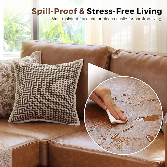 Faux Leather Single Sofa, Modern Accent Chair Brown with Storage Deep Seat Large Reading Armchair for Living Room Bedroom Office-Ruum Studio Home