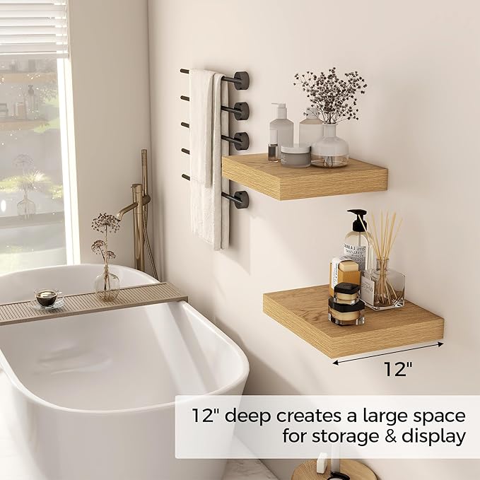 Fun Memories 12 Inch Floating Shelf, Rustic Wood Wall Shelves for Wall Decor & Storage, 12 x 12 Floating Shelf for Living Room, Bathroom, Bedroom, Oak, Set of 2-Ruum Studio Home