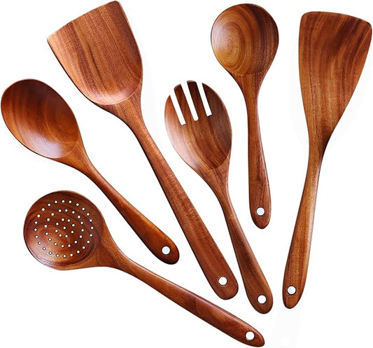 6-Piece Acacia Wood Cooking Utensil Set – Wooden Kitchen Pan Toolset for Nonstick Cookware – Includes Spoons & Spatulas – Non-Scratch, Eco-Friendly Cooking Tools – Everyday Use - Lifetime Replacements-Ruum Studio Home