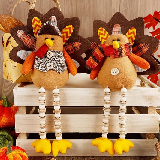 winemana Thanksgiving Decorations Set of 2 Turkeys with Dangling Legs, Mr and Mrs Turkey Couple Plush Tabletop Centerpieces for Fall Harvest Home Kitchen Shelf-Ruum Studio Home