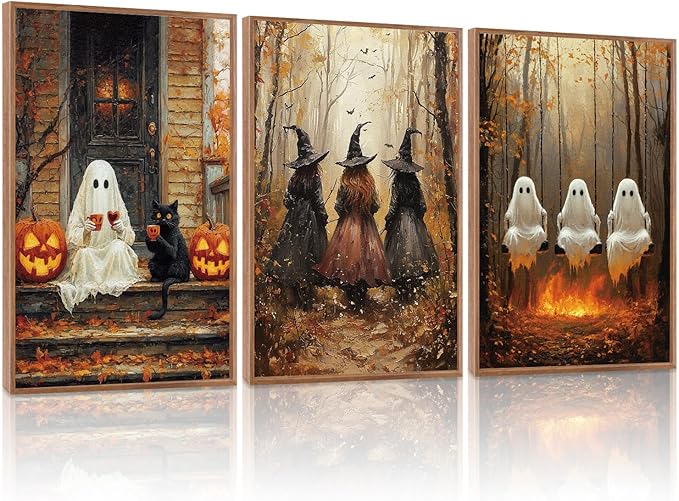 HLNIUC Framed Halloween Canvas Wall Art,Dark Witch Crow Raven Prints,Black Cat Decor,Horror Gothic Ghost Pictures Set of 3 (16"X24") Scary Pumpkin Wall Decor for Party Living Room Bedroom Decoration-Ruum Studio Home