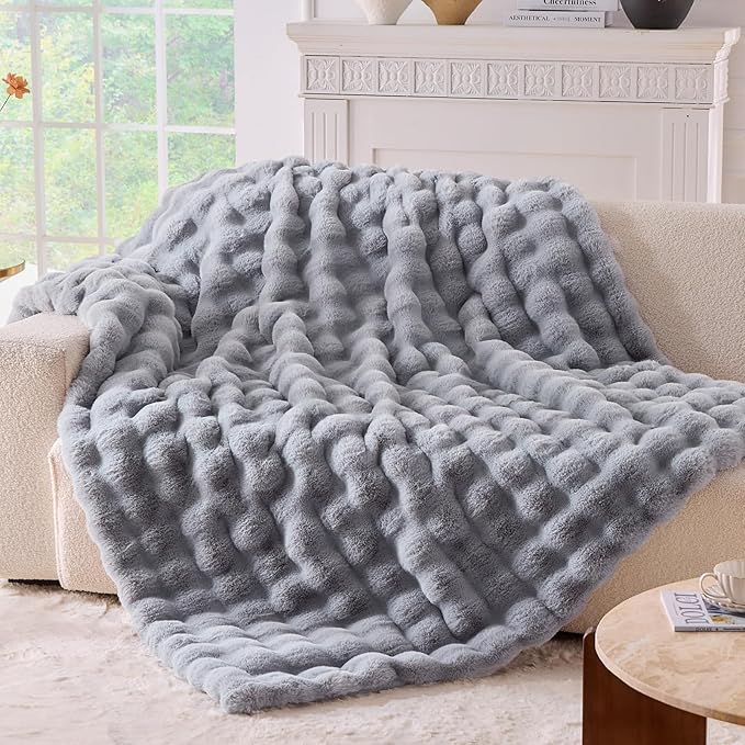 BENVWE Fluffy Faux Fur Throw Blanket for Couch, Soft Plush Thick Cozy Fuzzy Luxury Minky Bubble Blanket for Home Living Room Decor Gift for Women, Light Grey, 63" x 80", 1100GSM-Ruum Studio Home