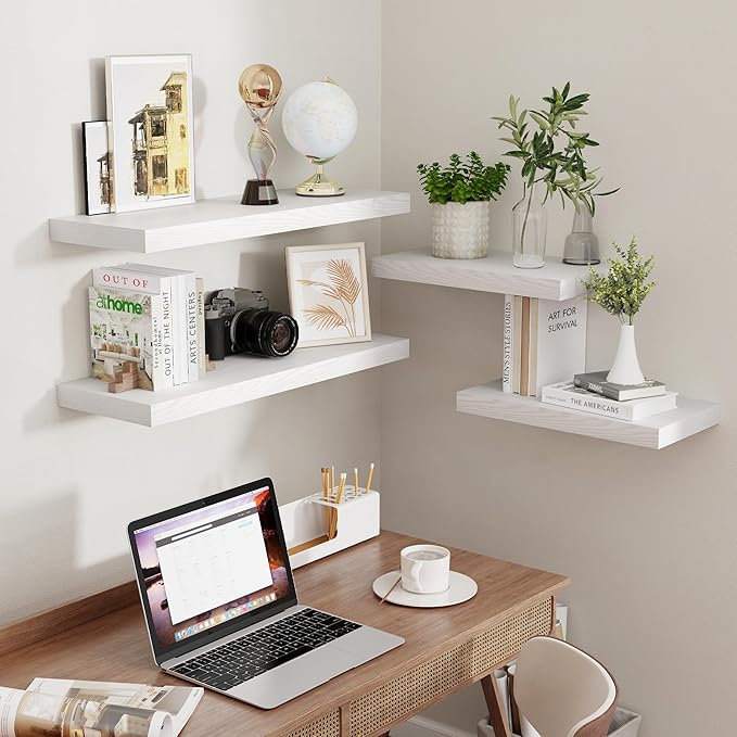 Fun Memories White Floating Shelves 16 Inch Long, 9 Inch Deep Wall Shelf for Bathroom, 16 x 9 Floating Shelf for Living Room, Bedroom, Kitchen, Rustic Wood Shelves for Wall, Set of 2-Ruum Studio Home