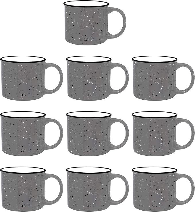 DISCOUNT PROMOS Ceramic Campfire Coffee Mugs 13 oz. Set of 10, Bulk Pack - Perfect for Tea, Espresso, Cappuccino, Hot Cocoa - Grey-Ruum Studio Home