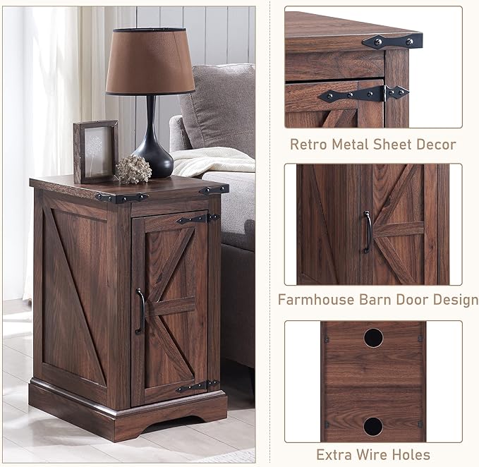 JXQTLINGMU Farmhouse Nightstand Set of 2 with Charging Station, 17" D Rectangular End Table with Barn Door & Adjustable Storage Shelf, Wood Rustic Sofa Side Table for Living Room, Bedroom, Brown-Ruum Studio Home