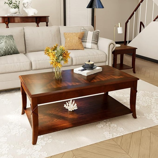 Solid Wood Coffee Table with Storage Shelf, Mid-Century Living Room Tables with Carved Tabletop and Leg, 43.3” Splicing Cocktail Center Sofa Table, Cherry Brown KFZ-DR200-Ruum Studio Home