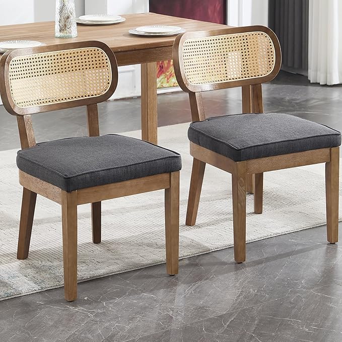 Rattan Dining Chairs Set of 2 Upholstered Linen Kitchen & Dining Room Chair with Curved Backrest Farmhouse Kitchen Chair Solid Wood Armless Side Chair for Dining Room/Restaurant, Black-Ruum Studio Home