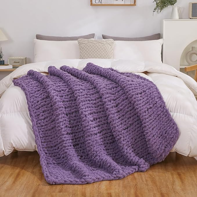 WESHIONGOO Chunky Knit Blanket Throw Knitted Throw Blankets for Couch Bed Fluffy Soft Blanket with Jumbo Chenille Yarn Thick 100% Handmade (Purple, 50"×60")-Ruum Studio Home