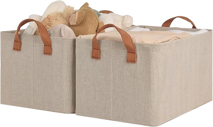 StorageWorks Storage Bins, Fabric Storage Bins for Shelves, Storage Baskets with Metal Frame, Closet Baskets and Bins with Handles, Brown and Beige, 2-Pack-Ruum Studio Home