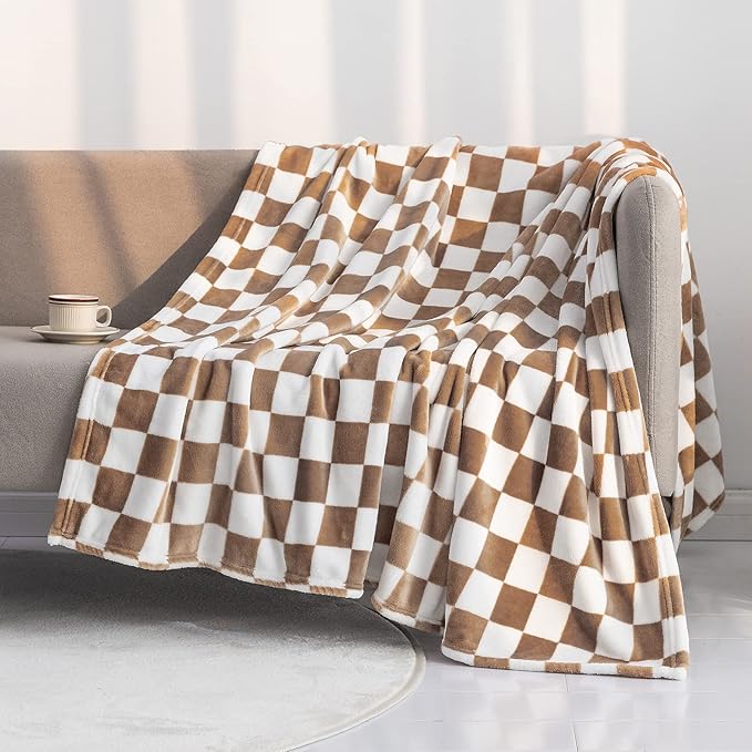 LOMAO Throw Blankets Flannel Blanket with Checkerboard Grid Pattern Soft Throw Blanket for Couch, Bed, Sofa Luxurious Warm and Cozy for All Seasons (Khaki, 60"x80")-Ruum Studio Home