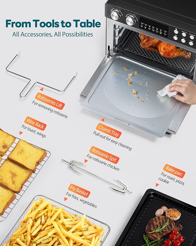 28QT Air Fryer Toaster Oven Combo, Large 12-in-1 Convection Countertop Oven with Next-Gen HeatWave Convection, 3-Layer Cooking, Rotisserie for Chicken, Fits 11" Pizza, Full Accessories, Sparkle Black-Ruum Studio Home