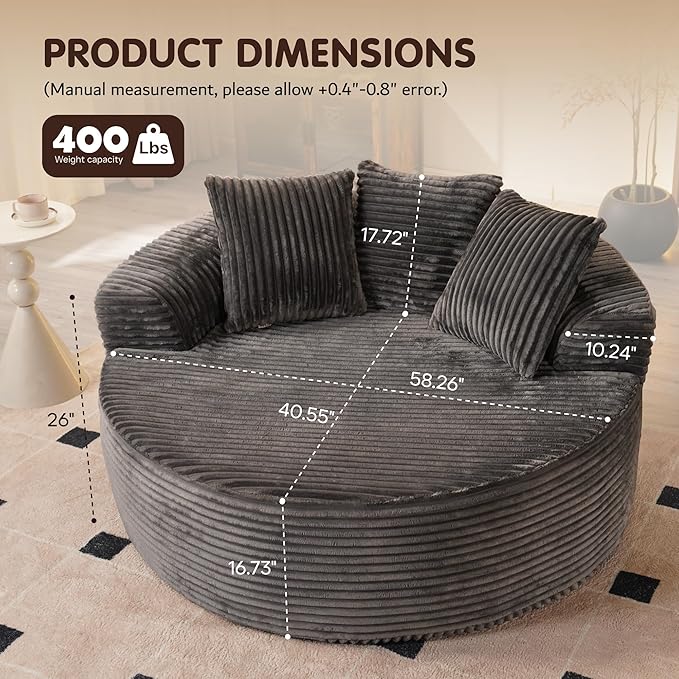 ovios 58" Oversized Round Chair Lounge Chaise Indoor, No Assembly Required, Cloud Large Circle Chair with Plush Fuax Fur, Fluffy Modern Sleeper Sofa Bed for Reading Yoga, Grey (Plush Corduroy Fabric)-Ruum Studio Home