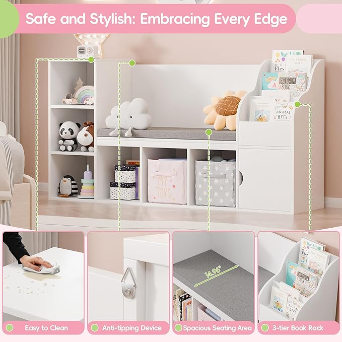 MU Kids Bookshelf with Reading Nook, Toddler Bookcase Bench with Seat Cushion and 7 Storage Cubbies, Kids Reading Nook for Boys & Girls, Toy Storage Bench Box for Bedroom, Playroom, Nursery, White-Ruum Studio Home