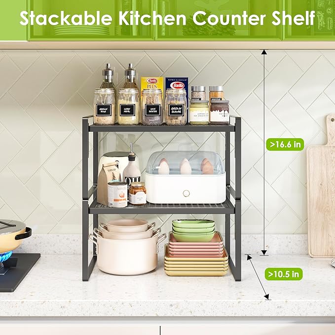2 Pack Kitchen Countertop Organizer, Stackable Cabinet Shelf Organizer, 2 Tier Adjustable Kitchen Counter Shelves Riser For Pantry Cupboard Bathroom Organization And Storage, Desk Shelf,Spice Rack-Ruum Studio Home