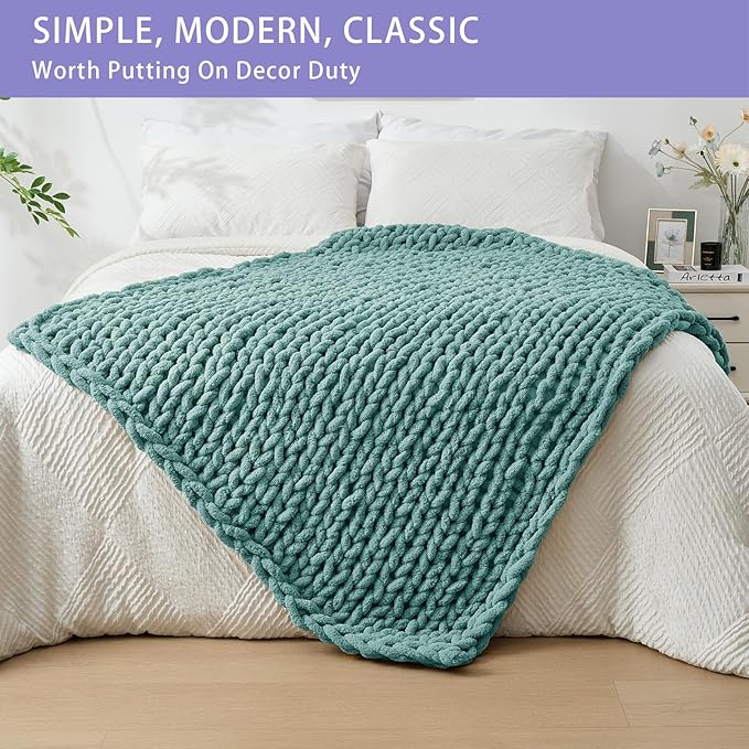 Bigacogo Chunky Knit Throw Blanket for Couch, 40x60 inches, 100% Hand Knitted with Thick Jumbo Chenille Yarn, Cozy Soft Large Rope Knot Cable Crochet Blankets for Sofa Bed Living Room, Light Teal-Ruum Studio Home