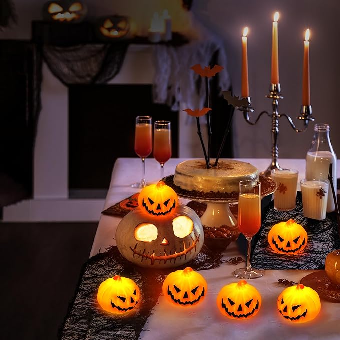 6 Pack Halloween Pumpkin Flameless Candles Battery Operated LED Tealight Candles for Home Room Decorations, Light Up Halloween Decorations Indoor for Table Party Office Fireplace-Ruum Studio Home