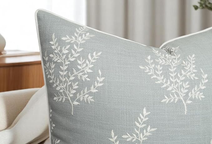 VAGMINE Embroidered Leaves Throw Pillow Cover - 18x18 Inches Square - 100% Cotton Robins Egg Decorative Cushion Cover - Coastal Inspired Leaf Stitch - Stylish Home Accent for Sofa, Couch, Bedroom-Ruum Studio Home