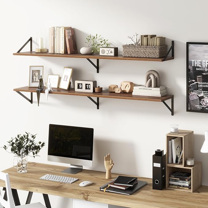 Floating Shelves 55 Inch Long, 10" Deep Floating Shelves, Walnut Wall Shelves 55 x 10, Set of 2, Wide Large Display Storage Shelves for Bathroom, Living Room, Rustic Wood Shelves with Brackets-Ruum Studio Home