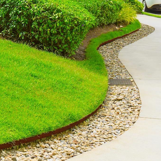 Worth Garden 6-Pack Cor-Ten Steel Landscape Edging with Black Protection Strips - Rust Patina Finish 40" L x 5.5" H (20Ft Total) - Hammer-in 14-Gauge Metal Corten Lawn Yard Edging Border w/ 7 Clips-Ruum Studio Home