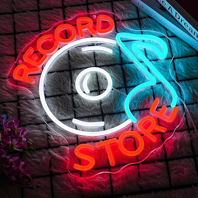 Record Store Neon Sign Music Neon Signs for Wall Decor Letter Neon Light Record Player Sign Live Music Neon Light Sign for Bar Concern Studio Decor(Red white)-Ruum Studio Home