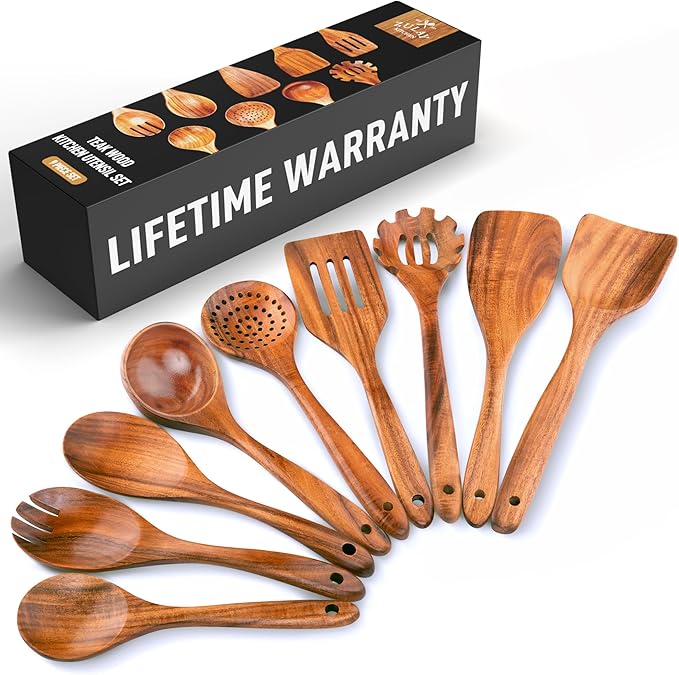 Zulay Kitchen 9-Piece Teak Wooden Utensils for Cooking - Smooth Finish Natural Teak Utensil Set - Non-Stick Wooden Spoons for Cooking - Kitchen Gift Set - Comfortable Grip Wooden Utensil Set-Ruum Studio Home