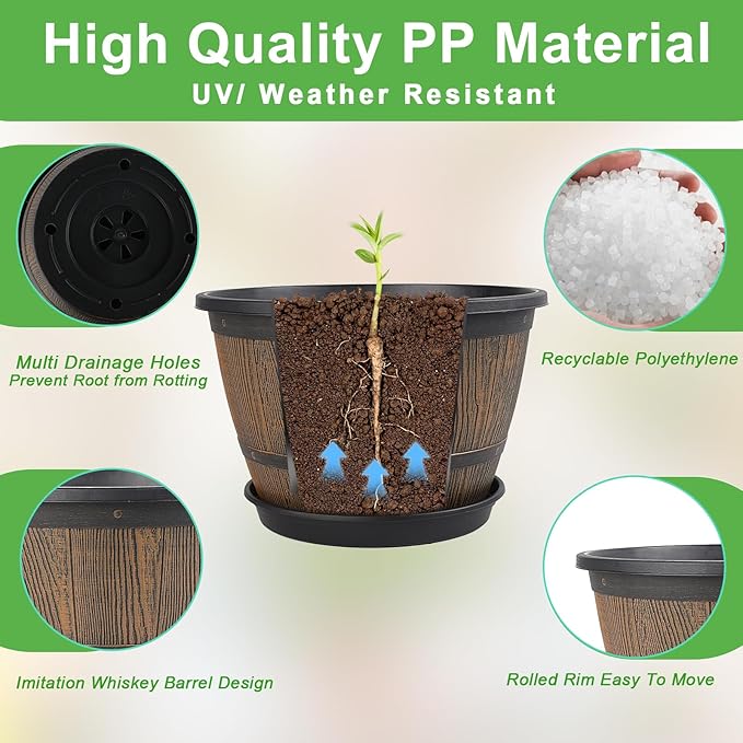 10-inch-Plant-Pots-Indoor-Outdoor, 4 Pack Whiskey Barrel Planters with Drainage Holes & Saucer, Plastic Flower Pots Imitation Wine Barrel Design, Decorative Garden Pots for Plants-Ruum Studio Home
