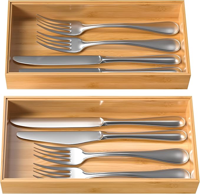 Silverware Tray for Drawer, Stackable Kitchen Bamboo Drawer Organizer 12" x 6" x 2" Set of 2-Ruum Studio Home