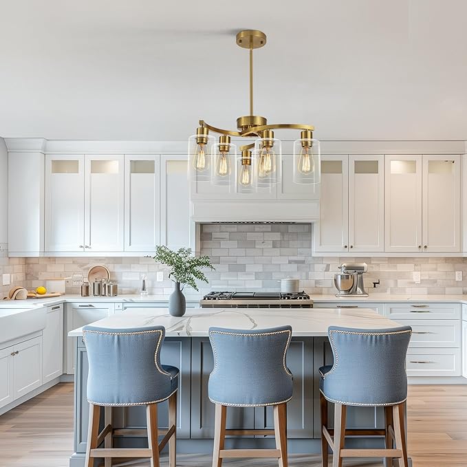 6-Light Gold Chandeliers for Dining Room, Modern Kitchen Island Light Fixtures Over Table, Metal Hanging Pendant Lighting for Living Room Stairwell Entryway Bedroom, Clear Glass Shade-Ruum Studio Home