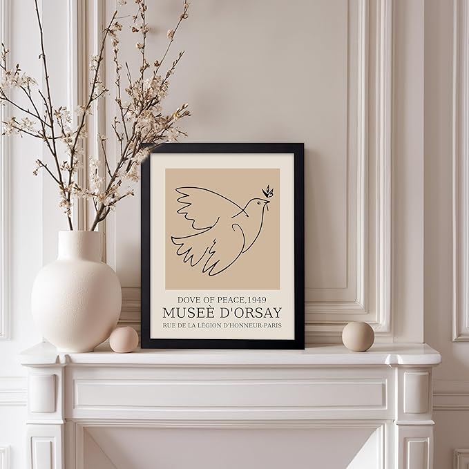 Poster Master Vintage Poster - Retro Minimalist Print - Gift for Artist, Friend - Dove Of Peace, Line Drawing, Sketch, Abstract - Wall Decor for Living Room, Bedroom, 8x10 Black Framed-Ruum Studio Home