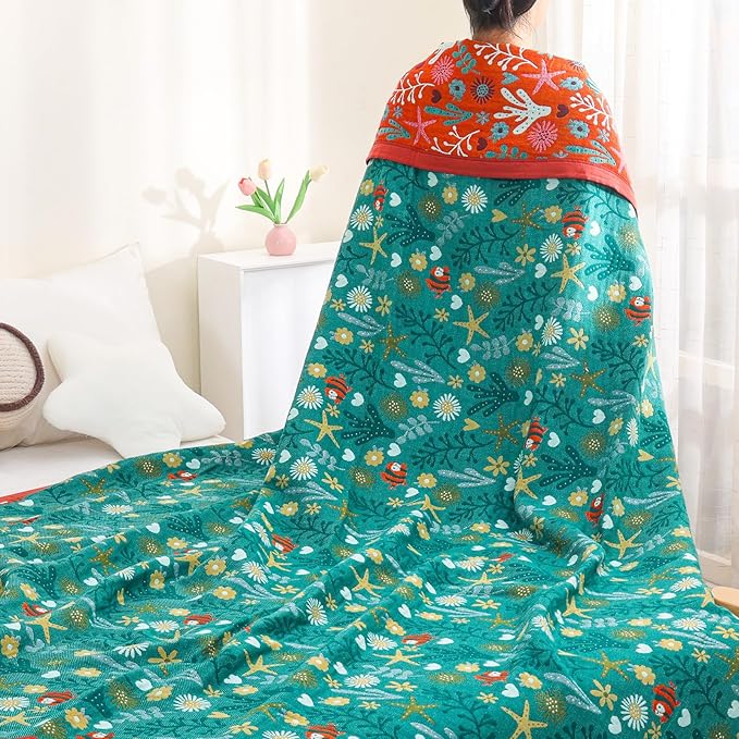 Boho Throw Blanket, 100% Organic Cotton Skin-Friendly Breathable Ultra Soft Bed Quilt Throw - All Season Blue & Red FishFarmhouse Decor Blanket for Sofa Couch Chair and Gift. 60" x 80"-Ruum Studio Home