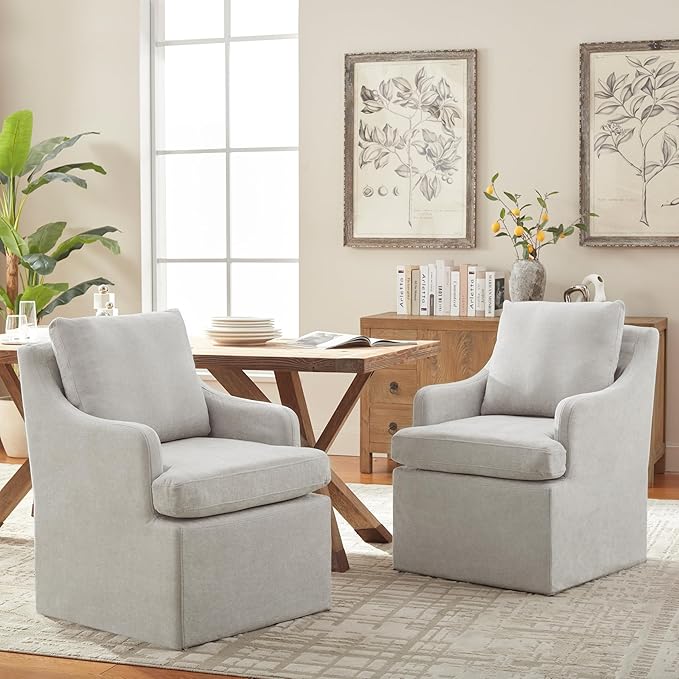 VKNOW Upholstered Dining Chairs, Modern Kitchen Chairs Dinner Chairs with 4 Casters, Linen Armchair for Bedroom Reading Room Living Room, Light Grey-Ruum Studio Home