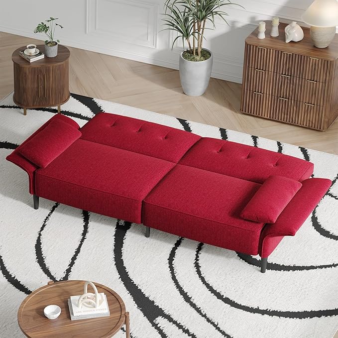 89” Futon Sofa Bed, Linen Comfy Futon Couch Bed with 2 Square Pillows, Convertible Sleeper Sofa with Adjustable Backrest& Armrests, Modern Loveseat Sleeper for Living Room, Bedroom, Red-Ruum Studio Home
