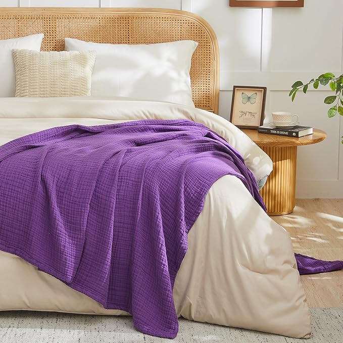 EMME Cotton Muslin King Blanket Bed Layering Breathable Gauze Blanket Soft Lightweight Blankets Adults (Purple, 108"x90")-Ruum Studio Home