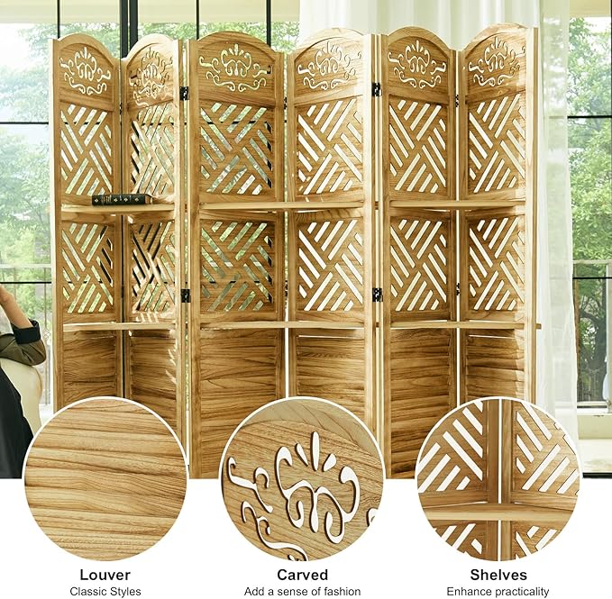 Room Divider with Shelves, 68.9inch Wood Carved and Louvered Wall Divider Freestanding, 6 Panels Folding Partition Screen for Bedroom Home Office (Natural)-Ruum Studio Home