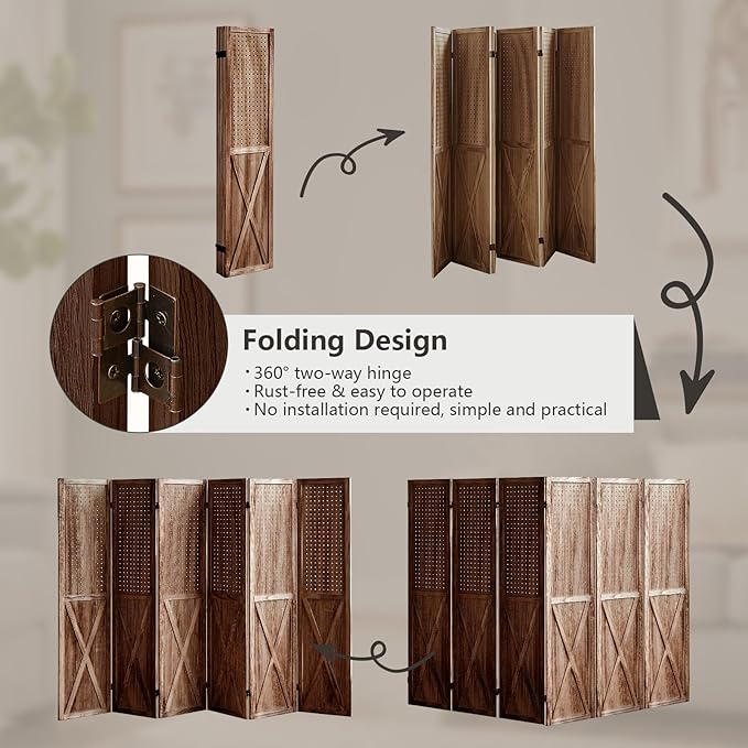 6 Panel Pegboard Room Divider, 5.6Ft Pegboard Display Folding Privacy Screens, Wood Room Divider Peg Board Display Freestanding for Trade Show Craft Show Home Wall Organizer, Brown-Ruum Studio Home