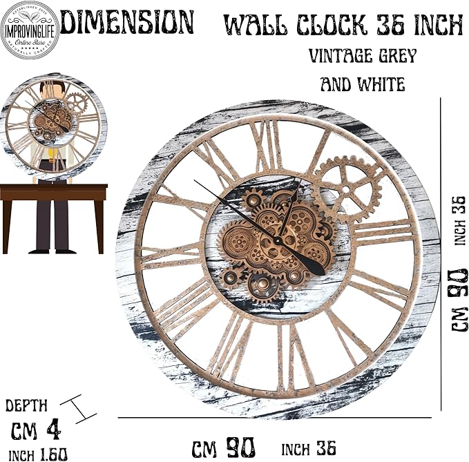 The Gears Clock 36'' Inch Real Moving Gear Wall Clock Vintage Industrial Oversized Rustic Farmhouse (Vintage Grey and White)-Ruum Studio Home