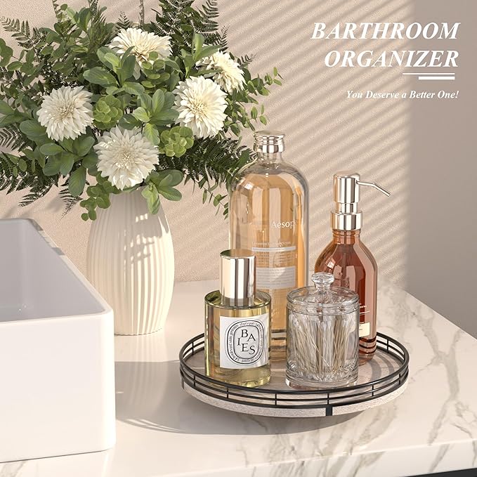10" Oak Bathroom Vanity Tray Turntable for Perfume Candle, Round Wooden Decorative Tray for Kitchen Sink Countertop Organizer, Bathroom Counter Organizer for Skincare Makeup, Rustic White-Ruum Studio Home